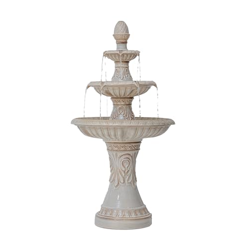 XBrand 47" H 3-Tier Freestanding Outdoor Ceramic Water Fountain with Leaf Details for Patio, Yard and Garden Decor, Beige with Pump for Outdoor Spaces