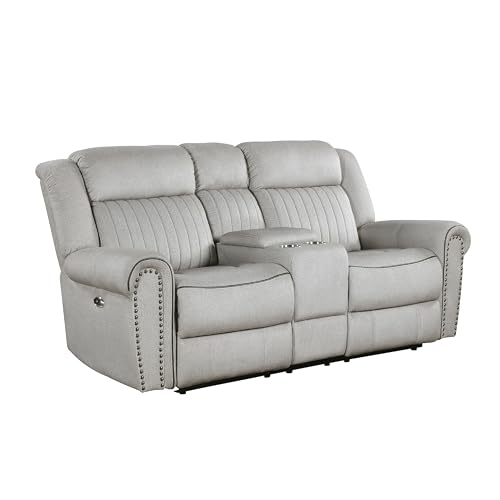 Ben Power Reclining Loveseat, 76 Inch, Gray Microfiber, Nailhead Trims