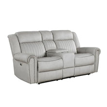 Ben Power Reclining Loveseat, 76 Inch, Gray Microfiber, Nailhead Trims