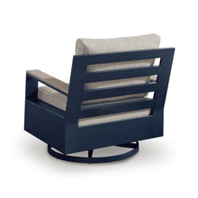 Beco Outdoor Swivel Glider Chair, Beige Nuvella Cushions, Navy Blue Metal