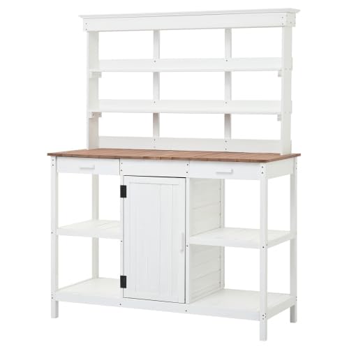 66" Large Outdoor Farmhouse Wooden Potting Bench Table, Garden Workstation with 2 Drawers, Cabinet & Open Shelves for Backyard, Mudroom, Patio (White)