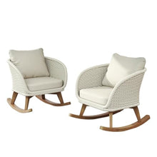 Hassyee Outdoor Solid Wood Rocking Chair w/PE Wicker Accents for Garden, Rustic Wooden Patio Rocker w/Thick Padded Back & Seat for Balcony, Bistro Rocking Armchair for Porch, Deck, Yard (Beige-2pcs)