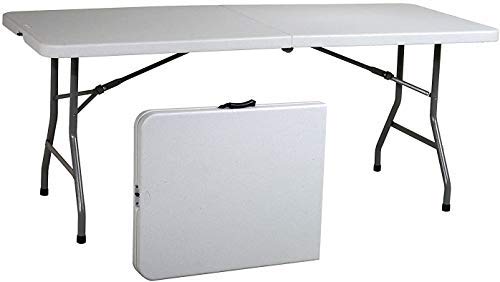 Ontario Furniture 8’ Foot Rectangular Plastic Folding Table (30" x 96” Inch) | Fold in Half with Carrying Handle | Lightweight and Portable | White Resin with Sturdy Steel Frame