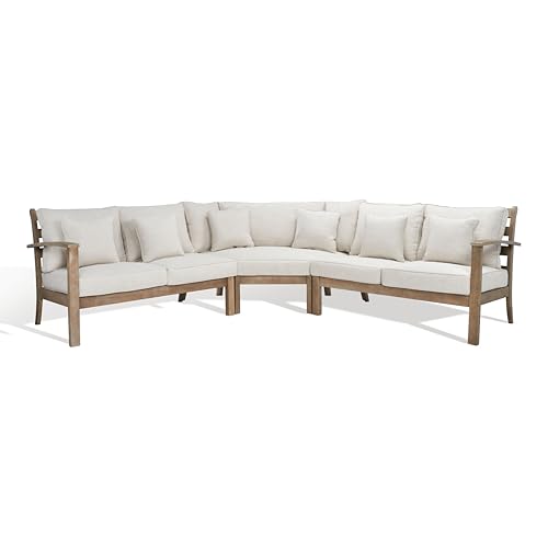 SAFAVIEH Couture Outdoor Patio Furniture Collection - Rosabecca Natural & Beige Solid Wood Sectional Sofa, Modern Outdoor Corner Couch (DUP1000B)