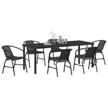 LKJephalotrope 7 Piece Patio Dining Set, 6 Person Outdoor Table and Chairs with Tempered Glass Top, Black Powder-Coated Steel Frame and Poly Rattan Garden Furniture Set
