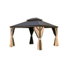 LOPOO Hardtop Gazebo with Curtains & Netting - Outdoor Aluminum Frame Pavilion with Steel Double Roof Canopy - Brown 12Ft x 14Ft