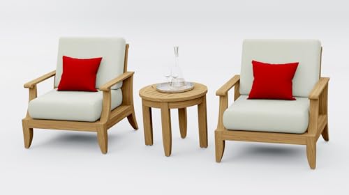 TeakStation 3 Pc Teak Wood Lounge Chair Set: 2 Lounge Chairs & Round Side Table with Cushions in Outdoor Sunbrella Fabric #5404 Canvas Natural