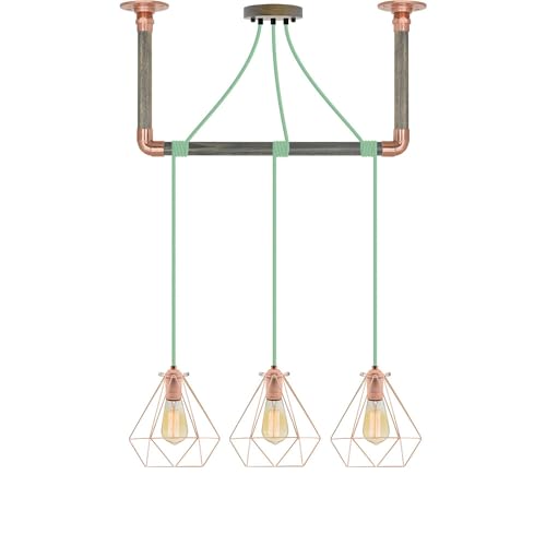 Mint and Copper Diamond Geometric Cage Pendant Light Wrapped Grey Wood and Copper Hanging Bracket - Hangout Lighting - 3 Pendants