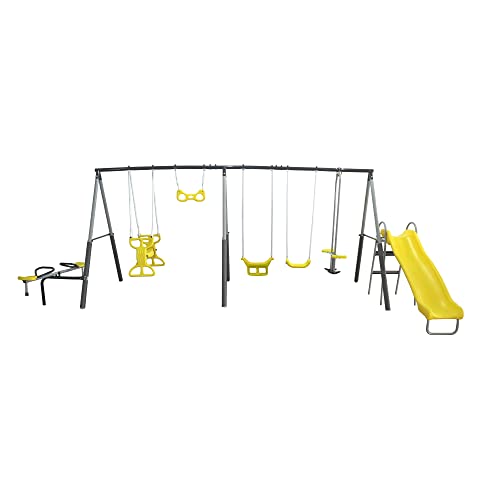 XDP Recreation Rising Sun Metal Swing Set with Slide, See Saw, Glider, and Swings Yellow