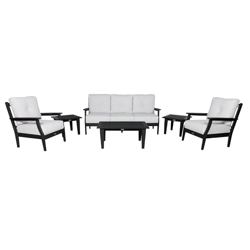 highwood Lehigh 6-Piece Couch, Coffee Table, and Chair Deep Seating Set, with Sunbrella Cushions in Bliss Linen, Black Frame