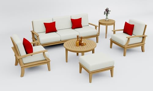WholesaleTeakFurniture Somer 6 Piece Teak Wood Sofa Set: Sofa, 2 Lounge Chairs, Ottoman, Round Coffee Table & Round Side Table with Cushions in Outdoor Sunbrella Fabric #5404 Canvas Natural