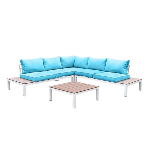 Furniture of America Chentelli Aluminum Patio Sectional with Ottoman in Blue