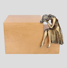 Modern ashes casket Unique Memorial Cremation Urn Artistic Sculpture urn GRIEF (Bronze Plated/Light Walnut)