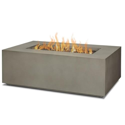 Real Flame Aegean 42in Rectangle Propane or Natural Gas Fire Pit Table, 50,000 BTU, Powder-Coated Steel, Push-Button Ignition, Lava Rock, Storage Cover, Stainless Steel Burner - Mist Gray