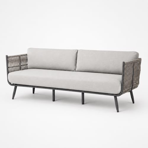 Outdoor Couch Elementi Milano Patio Sofa, 3 Seat Outdoor Patio Furniture Sofa with Aluminum Rope Frame and Sunbrella Canvas Granite 5402 Cushions, Dark Gray, 88.6 x 30.3 x 28.3 in