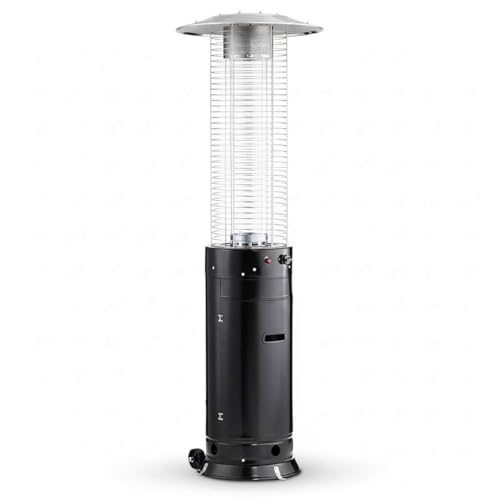 46,000 BTU Black Round Portable Propane Outdoor Patio Heater with Glass Flame Tube and Protective Mesh – Freestanding Commercial Steel Design with Wheels for Patio, Deck, Restaurant, Outdoor Events
