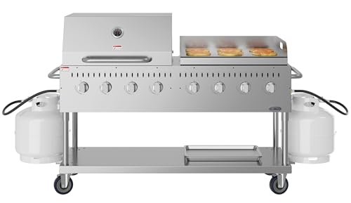 60 in. 8-Burner Commercial Outdoor Propane Gas Grill with 30 in. Roll Dome Cover and 30 in. Griddle in Stainless-Steel, ETL Listed (CGKIT6-D30G30)