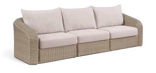 Meridian Furniture 55001Beige-S3 Seacrest Collection Modern | Contemporary Patio Modular Sofa with Wicker, Olefin Water Resistant Fabric, Aluminum Frame, 120.25" W x 38.75" D x 33.5" H, Beige