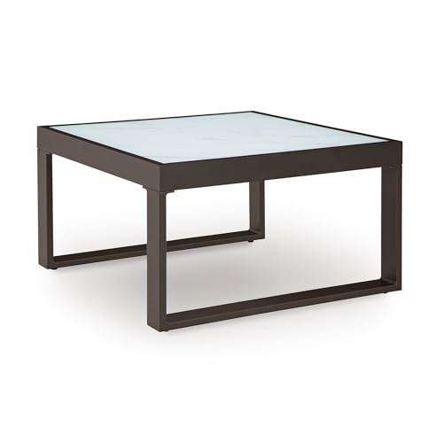 Signature Design by Ashley Beachloft Casual Glass Tabletop Outdoor Coffee Table with Sled Base, Gray & Black