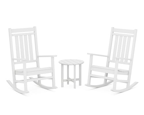 POLYWOOD Estate 3-Piece Rocking Chair Set, Outdoor Porch Rockers with Side Table, All-Weather HDPE Patio Furniture for Deck, Garden, Backyard, White