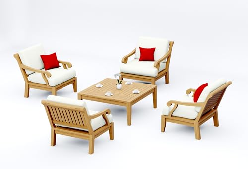 TeakStation 5 Pc Teak Wood Lounge Chair Set: 4 Lounge Chairs & Square Coffee Table with Cushions in Outdoor Sunbrella Fabric #5404 Canvas Natural