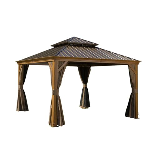 Hardtop Gazebo Canopy, 12'x12' Outdoor Metal Pergola with Galvanized Steel Double Roof, BBQ Shelter with Drainage System & Curtain and Netting, Suitable for Patio, Backyard, Garden (12'X12' (Wood))