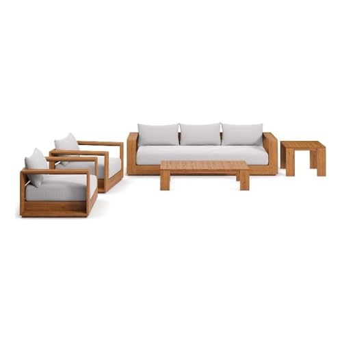 Modway Tahoe Acacia Wood 5-Piece Outdoor Patio Furniture Set in Natural Light Gray - Includes Lounge Chair and Sofa with Weather-Resistant Cushions, Plus Coffee Table
