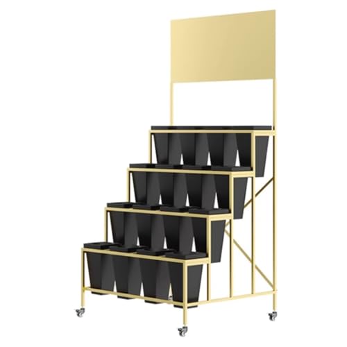 TBLOTYD 4 Tier Flower Display Stand with 16pcs Bucket, Heavy Duty Ladder Flower Indoor Outdoor Plant Shelf with Wheels, Tall Flower Cart Rolling Metal Raised Planter for Florist