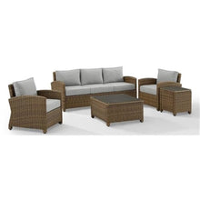 Afuera Living Modern 5Pc Outdoor Fabric Sofa Set, Gray Cushion Covers, Weathered Brown Resin Wicker, Tempered Glass Tables, UV & Weather Resistant, Steel Frame Patio Seating for 5