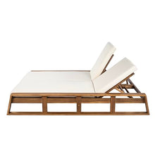 Christopher Knight Home Acacia Wood Outdoor Double Chaise Lounge with Adjustable Backrest Patio Daybed with Thick Cushions for Poolside Backyard Balcony Natural Finish Beige Cushion