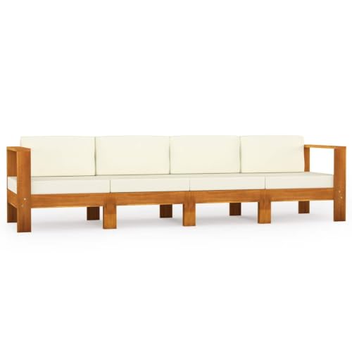 PHGTYUK 4-Seater Patio Sofa with Cream White Cushions Solid Acacia Wood