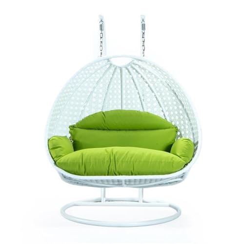 LeisureMod 2 Person Hanging Egg Chair, Indoor Outdoor Patio Lounge Swing with White Stand & UV-Resistant Cushions, Hammock Chair for Bedroom & Garden, Light Green