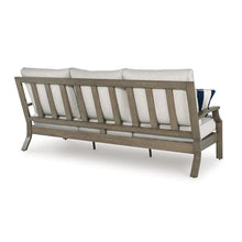 Benjara Inaya Outdoor Sofa, 4 Throw Pillows, Cream White, 89 Inch Brown Metal
