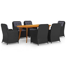 Heofavd 7 Piece Patio Dining Set Black Solid Acacia Wood Table 59 x 35 in with Curved Legs Weather-Resistant PE Rattan Chairs Thick Cushions Outdoor Bistro Set for Garden Deck Backyard