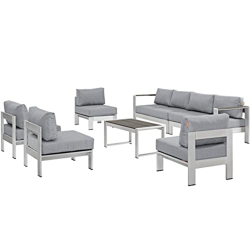 Modway Shore 7-Piece Aluminum Outdoor Patio Sectional Sofa Set in Silver Gray