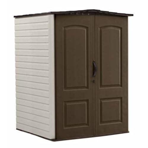 Rubbermaid Medium Vertical Resin Outdoor Storage Shed With Floor (5 x 4 Ft), Weather Resistant, Brown, Organization for Home/Backyard/Pool/Garden/Lawn Tools