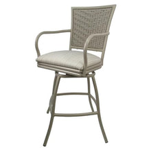 Pemberly Row Outdoor/Indoor Pub Set, 36 in Round Table, 30 in Seat Height Stools with Arms, UV Powder-Coated Beige Metal Frame, Valley Linen Beige Fabric, Durable Bar Height Dining Set for Patio or