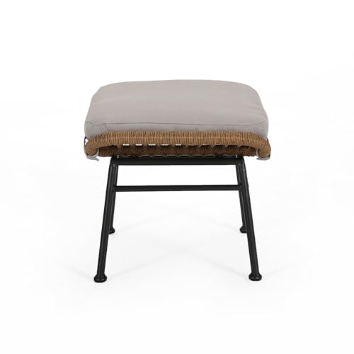 Benzara Margo Outdoor Ottoman Set of 2 24 Inch Iron Beige Brown Black
