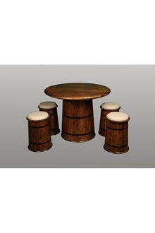 SODEF Barrels Bistro Set Beech Wood Walnut Finish 4 Chairs & Barrel Table Country Style Balcony Furniture - Walnut