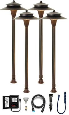 LawnShine Premium Brass Landscape Lighting Kit 4 Path Light with LED Bulbs - Safe & Simple Installation with DIY Plug n’ Play Technology (Midnight Bronze)