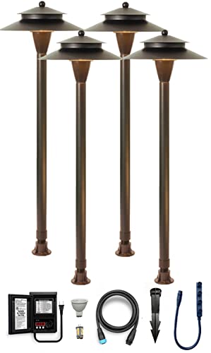 LawnShine Premium Brass Landscape Lighting Kit 4 Path Light with LED Bulbs - Safe & Simple Installation with DIY Plug n’ Play Technology (Midnight Bronze)