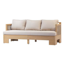Outdoor Patio Sofa, 3-Seat Acacia Wood and All-Weather Wicker Modern Couch
