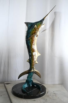 Nifao Marlin Jumping Ocean Fishing Medium Bronze Statue, 14"L x 14"W x 41"H