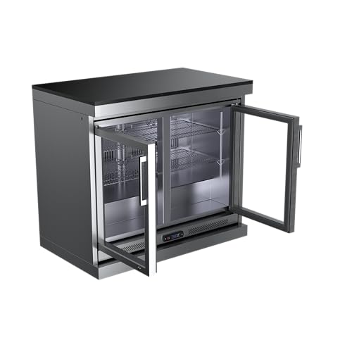 Double Door Fridge Cabinet for Outdoor Kitchen Island, Undercounter Beverage Refrigerator,Granite Countertop,Glass Display Cooler,Adjustable Shelves,Caster Wheels,Digital Thermostat Storage (Silver)