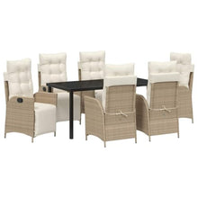 7-Piece Adjustable Outdoor Dining Set with Cushions, Beige Poly Rattan Patio Furniture Set for Garden Backyard, 6-Person Table and Chairs with Tempered Glass Top & Adjustable Footrests