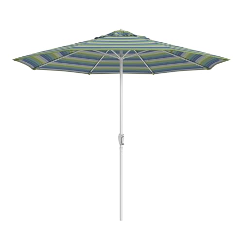 California Umbrella 12-Year Protection 9-Ft Outdoor Patio Umbrella, Sunbrella Fade-Resistant Fabric, Auto-Tilt, Heavy Duty Aluminum Frame, 8 Reinforced Ribs for Pool or Deck, White Pole, Seville Seaside