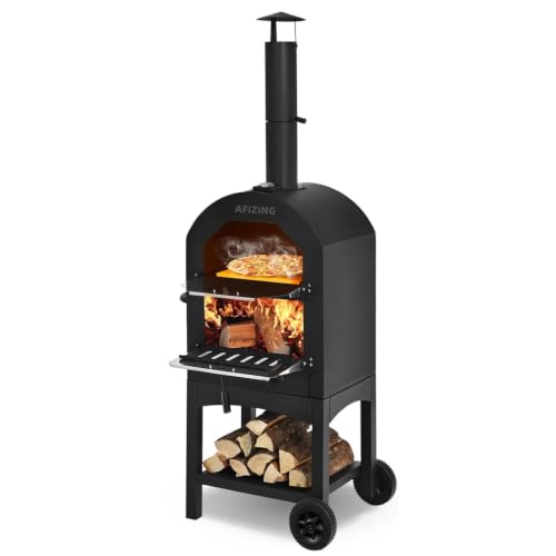 Outdoor Pizza Oven Wood-Fired with Wheels & Built-in Thermometer for Backyard Party Camping