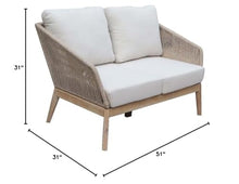 Pemberly Row Two-Seater Modern Outdoor Acacia Wood Sofa, Beige Finish, Woven Rope Accents, Fade Resistant Cushions, 31 in H x 51 in W x 31 in D, Comfortable Patio Seating