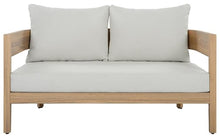 SAFAVIEH Outdoor - Theo Bench + Table Set - Oak Solid Wood & Ivory Cushion - Weather Resistant - Ideal for Patio, Deck, Backyard (PAT7088B)