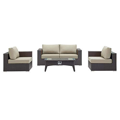 Modern Outdoor Patio Lounge Sofa, Chair and Coffee Table Fire Pit Set, Fabric Rattan Wicker, Beige
